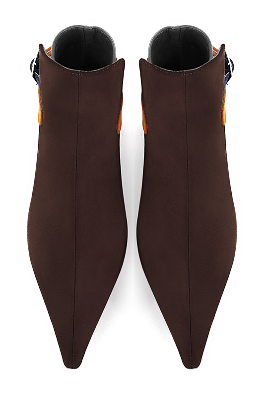Dark brown, bronze beige and apricot orange women's ankle boots with buckles at the back. Pointed toe. Low flare heels. Top view - Florence KOOIJMAN